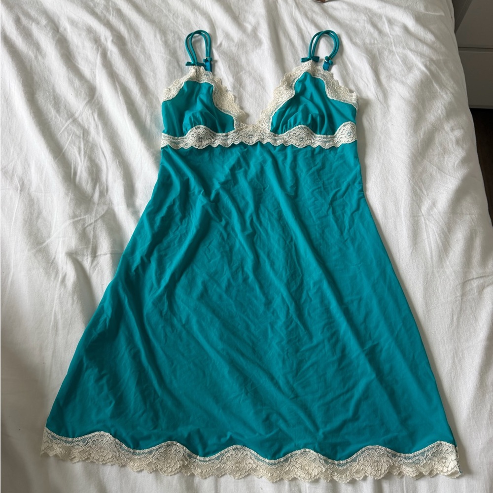 Lace-Trim Teal Lingerie Slip Dress with Ivory Accents
